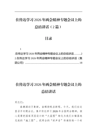 在传达学习2026年两会精神专题会议上的总结讲话（2篇）