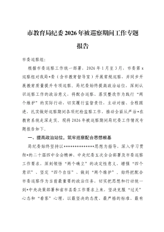 市教育局纪委2026年被巡察期间工作专题报告