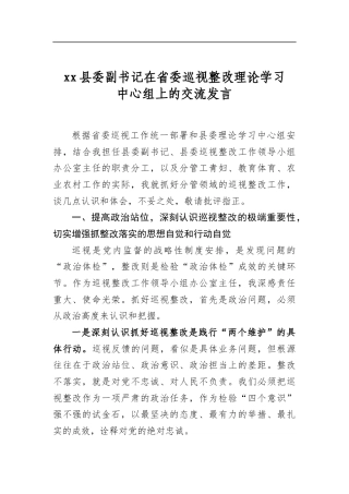 XX县委副书记在省委巡视整改理论学习中心组上的交流发言