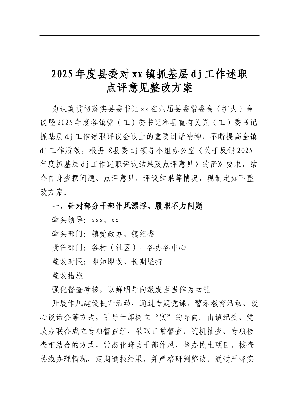 2025年度县委对XX镇抓基层X建工作述职点评意见整改方案_第1页