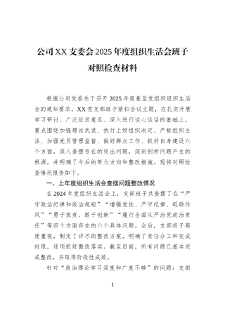 公司XX支委会2025年度组织生活会班子对照检查材料