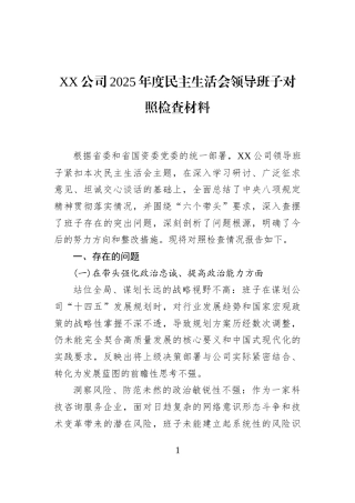 XX公司2025年度民主生活会领导班子对照检查材料