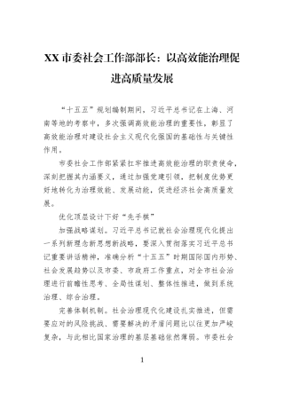 XX市委社会工作部部长：以高效能治理促进高质量发展