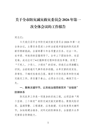 关于全市防灾减灾救灾委员会2026年第一次全体会议的工作报告