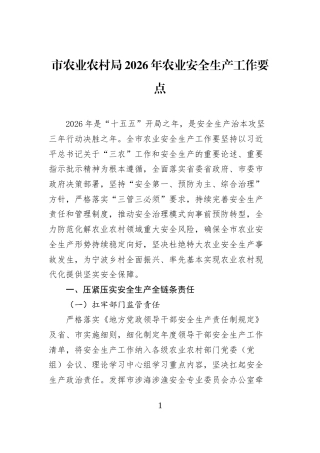 市农业农村局+2026年农业安全生产工作要点