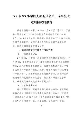 XX市XX小学校支部委员会关于巡察整改进展情况的报告