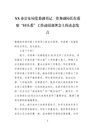 XX市公安局党委副书记、常务副局长在巡察“回头看”工作动员部署会上的表态发言2