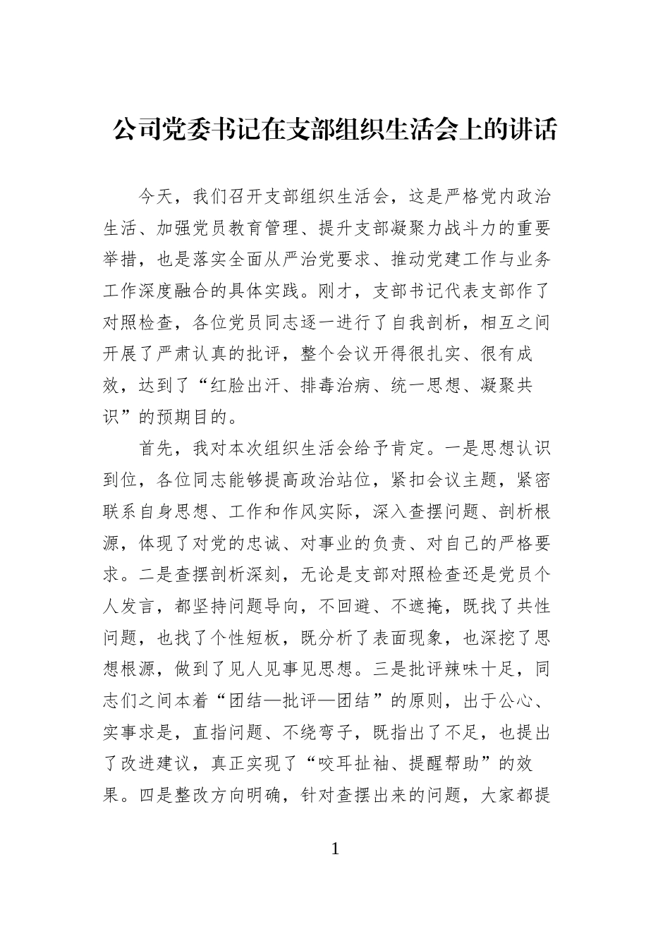 公司党委书记在支部组织生活会上的讲话_第1页