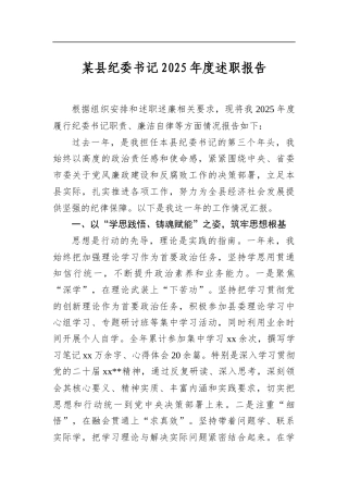 某县纪委书记2025年度述职报告