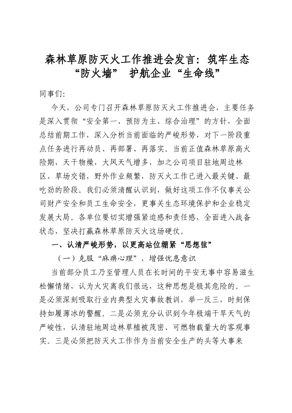 森林草原防灭火工作推进会发言：筑牢生态“防火墙”护航企业“生命线”_第1页