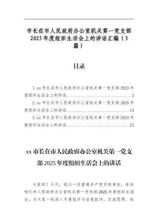 市长在市人民政府办公室机关第一党支部2025年度组织生活会上的讲话汇编（3篇）