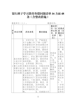 银行班子学习教育查摆问题清单16方面48条（含整改措施）