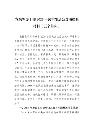 党员领导干部2025年民主生活会对照检查材料（五个带头）
