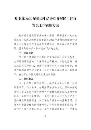 党支部2025年组织生活会和开展民主评议党员工作实施方案