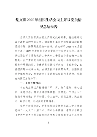 党支部2025年组织生活会民主评议党员情况总结报告