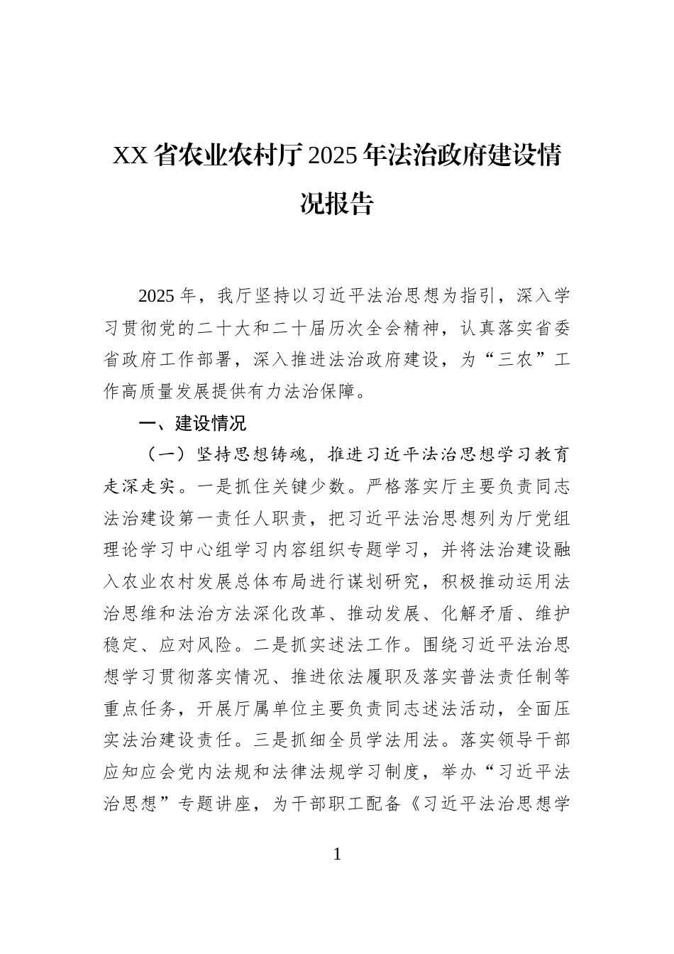 XX省农业农村厅2025年法治政府建设情况报告_第1页