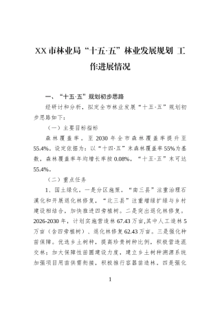 XX市林业局“十五·五”林业发展规划+工作进展情况