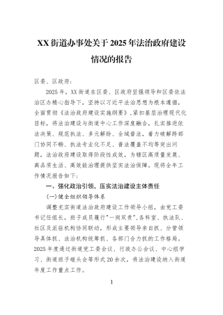 XX街道办事处关于2025年法治政府建设情况的报告