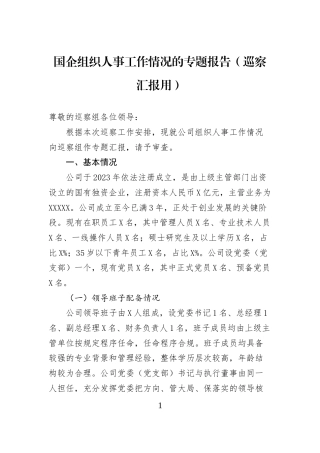 国企组织人事工作情况的专题报告（巡察汇报用）