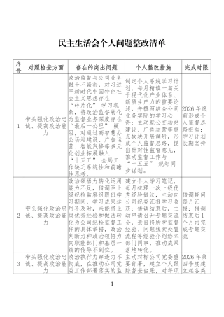 民主生活会个人问题整改清单