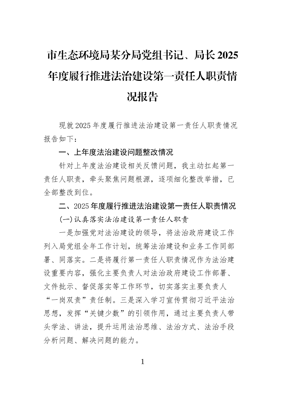 市生态环境局某分局党组书记、局长2025年度履行推进法治建设第一责任人职责情况报告_第1页