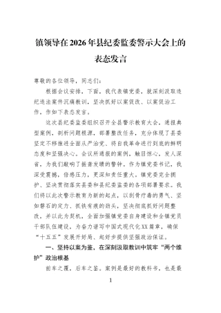 镇领导在2026年县纪委监委警示大会上的表态发言