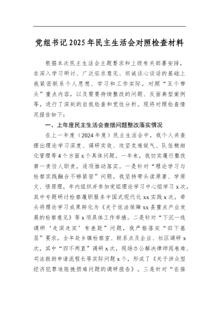 党组书记2025年民主生活会对照检查材料