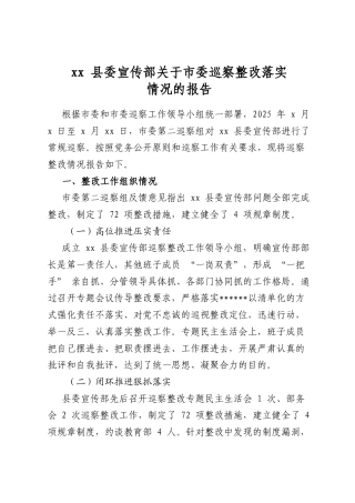 县委宣传部关于市委巡察整改落实情况的报告