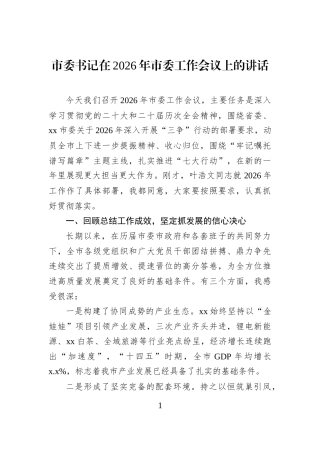 市委书记在2026年市委工作会议上的讲话