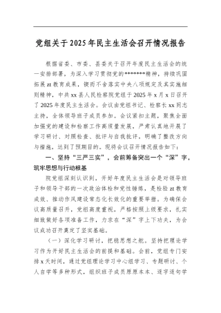 党组关于2025年民主生活会召开情况报告