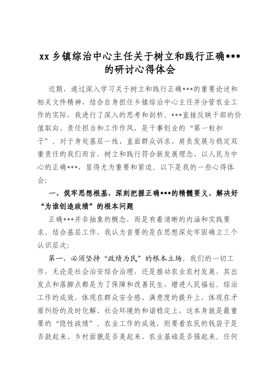 乡镇综治中心主任关于树立和践行正确政绩观的研讨心得体会_第1页