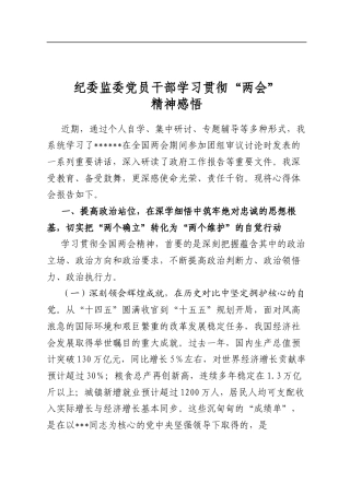纪委监委党员干部学习贯彻“两会”精神感悟心得