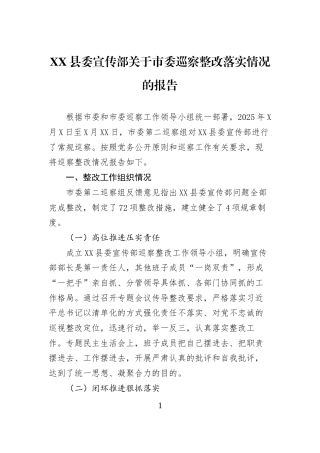 XX县委宣传部关于市委巡察整改落实情况的报告