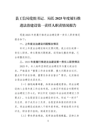 县工信局党组书记、局长2025年度履行推进法治建设第一责任人职责情况报告