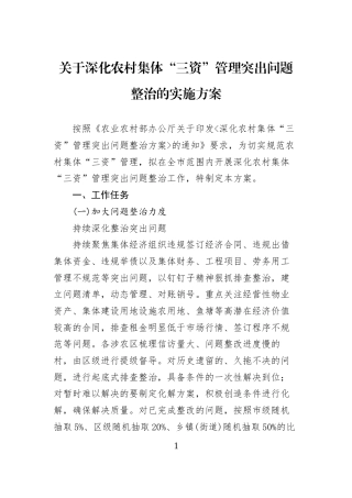 关于深化农村集体“三资”管理突出问题整治的实施方案