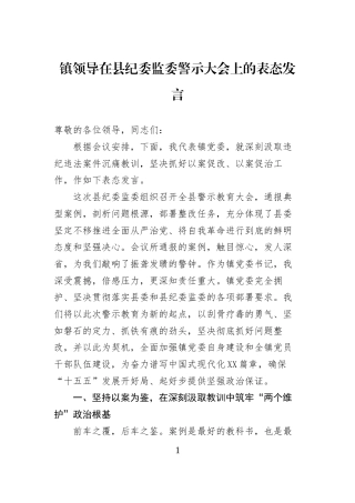 镇领导在县纪委监委警示大会上的表态发言