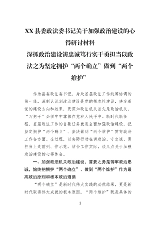 XX县委政法委书记关于加强政治建设的心得研讨材料深抓政治建设铸忠诚笃行实干勇担当以政法之为坚定拥护“两个确立”做到“两个维护”