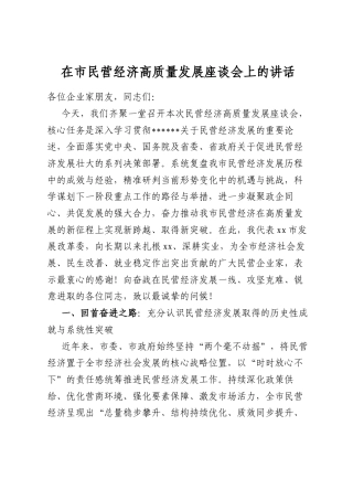 在市民营经济高质量发展座谈会上的讲话
