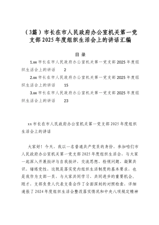 市长在市人民政府办公室机关第一党支部2025年度组织生活会上的讲话汇编（3篇）