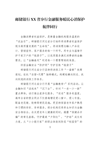 邮储银行XX省分行金融服务暖民心消保护航伴同行