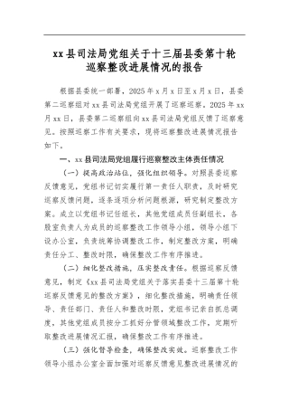 县司法局党组关于十三届县委第十轮巡察整改进展情况的报告