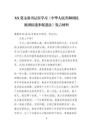 XX党支部书记在学习《中华人民共和国民族团结进步促进法》发言材料