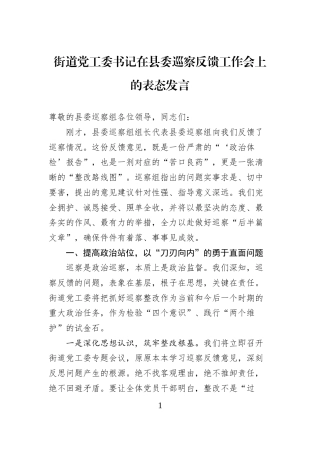 街道党工委书记在县委巡察反馈工作会上的表态发言