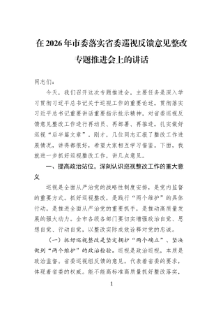 在2026年市委落实省委巡视反馈意见整改专题推进会上的讲话