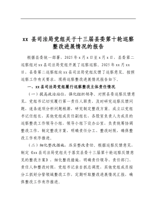 县司法局党组关于十三届县委第十轮巡察整改进展情况的报告