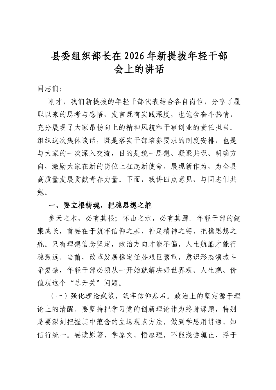 县委组织部长在2026年新提拔年轻干部会上的讲话_第1页