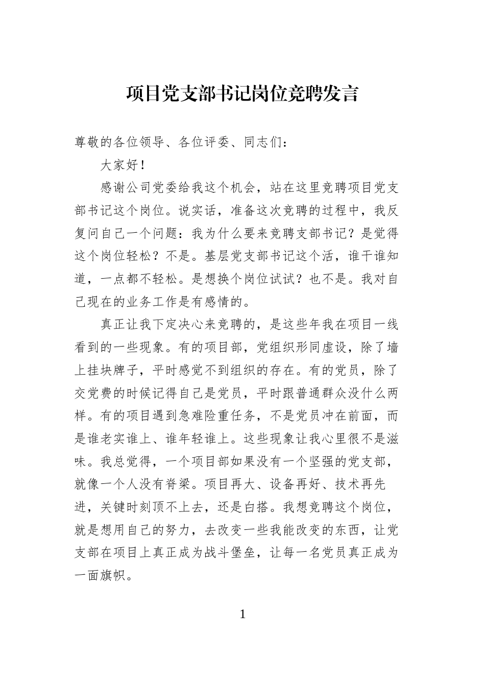 项目党支部书记岗位竞聘发言_第1页