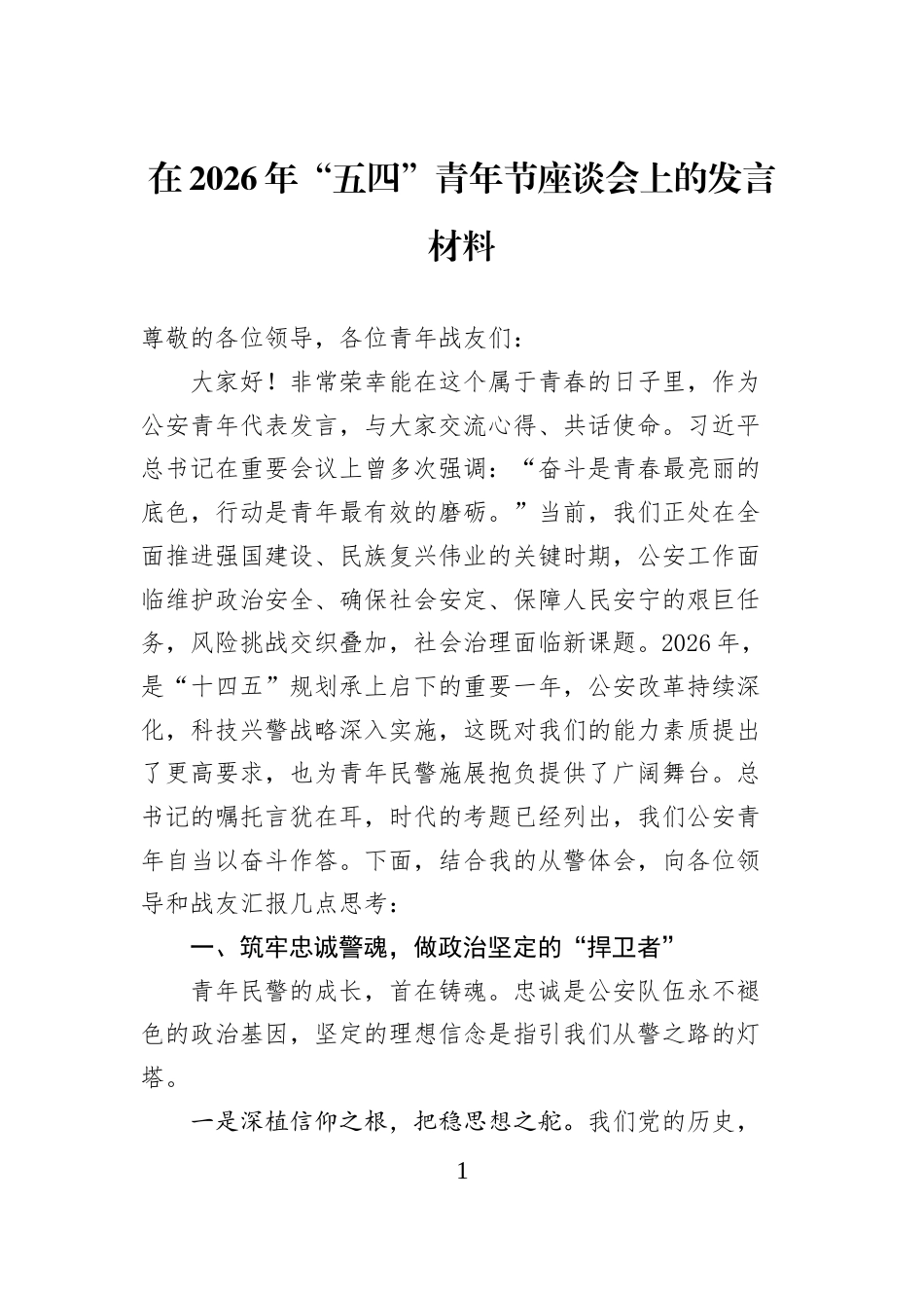 在2026年“五四”青年节座谈会上的发言材料_第1页