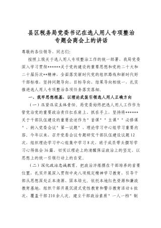 县区税务局党委书记在选人用人专项整治专题会商会上的讲话