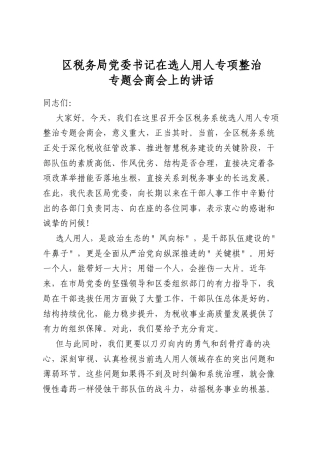 区税务局党委书记在选人用人专项整治专题会商会上的讲话